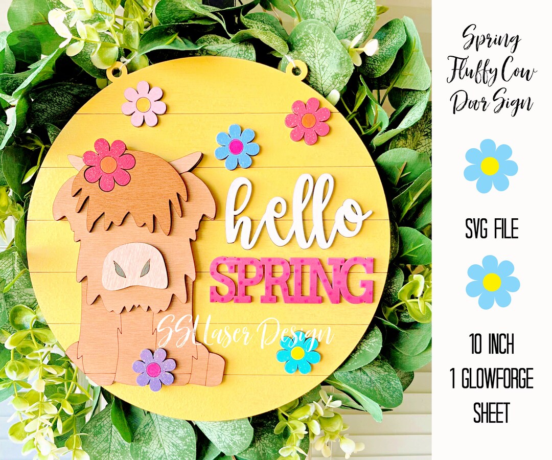 Spring Highland Cow Door Sign SVG, Spring Highland Sign, Fluffy Cow ...