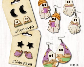 Ghost boek oorbellen gesneden SVG-bestand, Ghost oorbellen laserbestand, Halloween sieraden oorbellen SVG, Halloween oorbellen SVG, boek oorbellen SVG