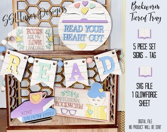 Book Valentine Tiered Tray SVG File, Book Tiered Tray Laser File, Reading Glowforge File, Book lovers Gnome Tiered Tray SVG File