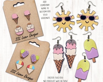 May include: A set of digital SVG files for creating summer-themed earrings. The designs include ice cream cones, popsicles, and suns with sunglasses. The text "SSL Laser Designs" and "Digital SVG File - No Product Will Be Sent" is included on the image.