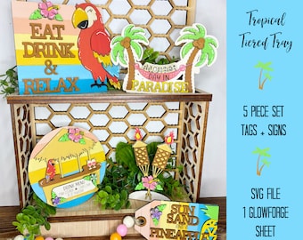 Arquivo de corte de bandeja em camadas de papagaio tropical, arquivo de corte tropical, corte SVG de bandeja em camadas de papagaio, SVG de palmeiras, bandeja em camadas Tiki Room, SVG tropical