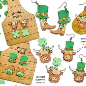 May include: Set of eight laser cut wooden earrings featuring a Scottish Highland cow, shamrock, and leprechaun hat designs. The earrings are available as studs and dangles. The image includes the text "SSL Laser Designs" and "One Lucky Heifer".