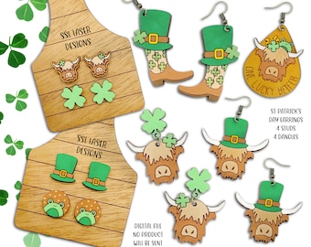 St. Patrick Highland Cow Earrings SVG Cut File, St. Patrick Jewelry Sg Cut File, Farm St Patrick Earrings File, Cow Earrings SVG file