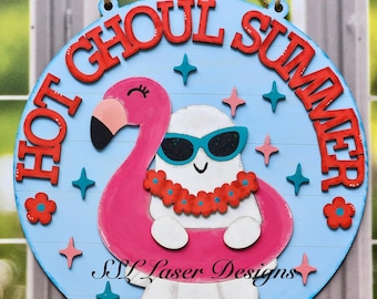Het Ghoul Sommardörrskylt SVG-fil, Sommarspöke Halloween Dörrskylt Fil, Spöke Halloween Dörrskylt Laser, Spöke av Flamingo Floatie