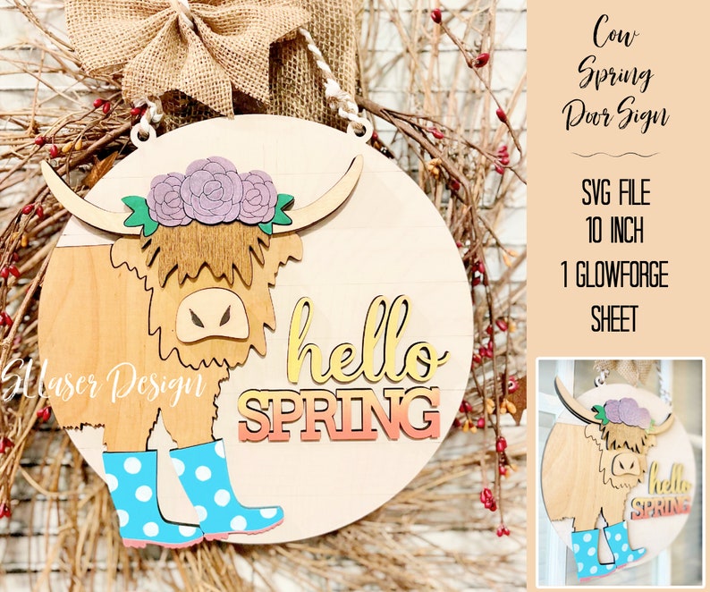 Spring Highland Cow Door Sign SVG, Spring Highland Sign, Fluffy Cow ...