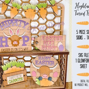 Highland Cow Easter Tiered Tray SVG,  Farm Easter Tray Svg, Fluffy Cow Easter Tiered Tray SVG Cut, March Highland Cow Tray, April Highland