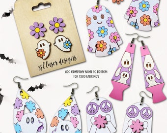 Retro Ghost Earrings SVG Cut File, Hippie Ghost Earrings Laser File, Halloween Jewelry Earrings SVG,  Halloween  Earrings svg, Flower Ghost
