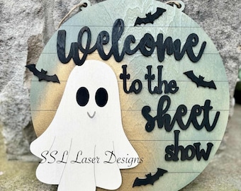 Bienvenido al archivo SVG de Sheet Show, archivo de letrero de puerta de Halloween fantasma, archivo láser de letrero de puerta fantasma, archivo SVG de letrero de puerta de Halloween