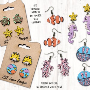 May include: Digital SVG file download for laser cutting earrings.  The designs include seahorse, starfish, coral, clownfish, pufferfish, and sea turtle.  Add company name to bottom for stud earrings.  No product will be sent.