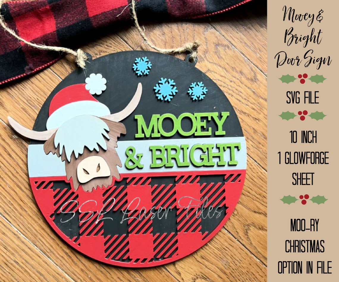 Highland Cow Christmas Door Sign SVG Mooey and Bright Sign Etsy