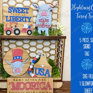 Fourth of July Highland Cows Tiered Tray Cut File, Highland Cows Cut File, Fluffy Cows Tiered Tray SVG Cut, Fluffy Cows SVG