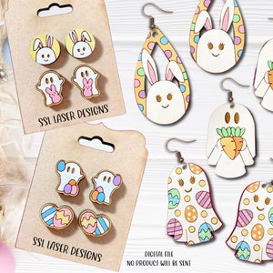 Puede incluir: Un conjunto de seis pendientes de madera cortados con láser con motivos de Pascua. Los pendientes tienen forma de conejos, fantasmas y huevos. Los diseños incluyen colores pastel, lunares y rayas. Los pendientes están etiquetados como "SSL Laser Designs".