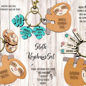 Sloth Keychain SVG Cut File, Mother&#39;s Day Sloth Keychain, Family Sloth Keychain Laser Cut File, Tropical Keychain, Sloth Family Keychain