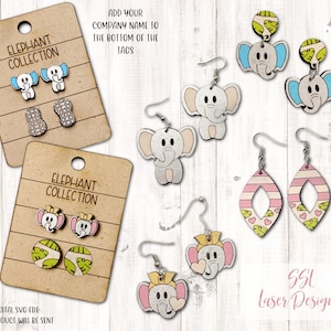 Puede incluir: Un conjunto de pendientes de madera cortados con láser con diseños de elefantes. Los pendientes están disponibles en una variedad de colores y estilos, incluyendo rosa, azul y gris. Los pendientes son perfectos para agregar un toque de fantasía a cualquier atuendo. La imagen también incluye una tarjeta con el texto "Elephant Collection" y "Archivo SVG digital. No se enviará ningún producto."