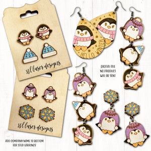 Pendientes de pingüino SVG Archivo de corte, Pendientes de archivo SVG de pingüino, Archivo SVG de joyería de pingüino, Pendientes de perno de invierno Glowforge, Pendientes colgantes de invierno