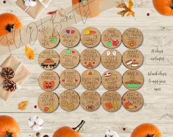May include: A wooden Fall Date Bucket List with 20 chips, each featuring a fall activity like visiting a pumpkin patch or roasting s'mores. The text "Fall Date Bucket List" is written in a script font. Pumpkins and fall leaves surround the chips.