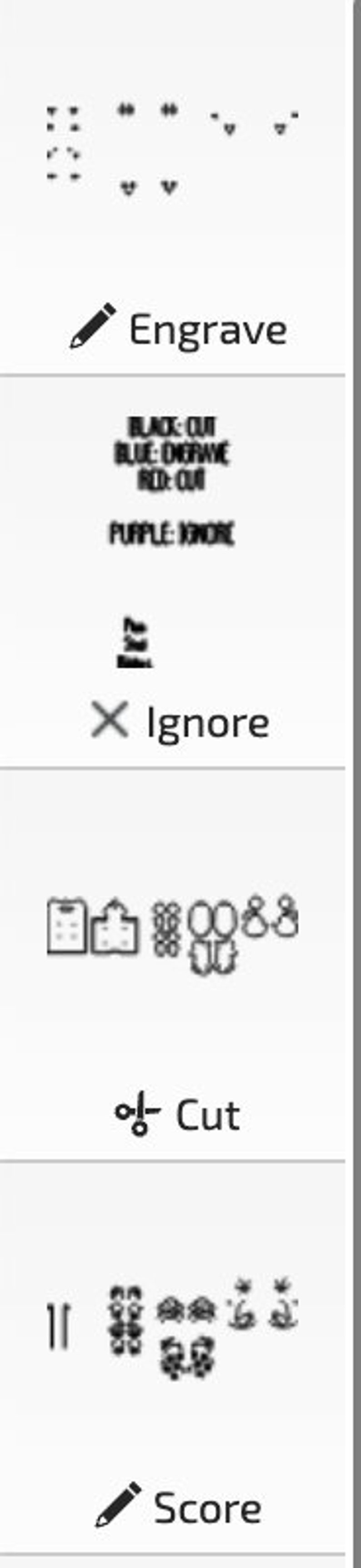 May include: A graphic design tool with four options: Engrave, Ignore, Cut, and Score. The options are displayed in a vertical list with icons next to each option. The icons are a pencil, an X, scissors, and a pencil.