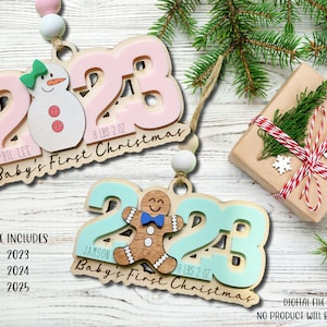 Premier Noël ornement fichier SVG de bébé, 2023 bébé ornement SVG fichier découpé au Laser, bonhomme de neige bébé ornement Svg, pain d’épice bébé ornement SVG