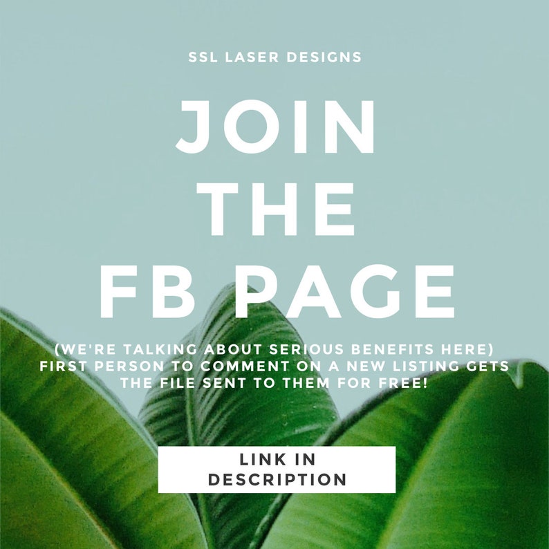 Op de afbeelding: Groen, weelderig gebladerte bladeren met een witte tekstoverlay die luidt: "SSL Laser Designs Word lid van de FB-pagina (We hebben het hier over serieuze voordelen) De eerste persoon die een reactie plaatst op een nieuwe vermelding krijgt het bestand gratis toegestuurd! Link in de beschrijving."