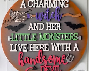 Arquivo SVG para placa de porta de Halloween, placa de porta de bruxa encantadora, placa de porta de diabo charmoso, placa de porta de monstrinhos, arquivo para placa de porta de Halloween engraçada