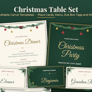 Conjunto de mesa de Natal, modelos editáveis ​​do Canva, menu de jantar, marcadores de lugar, convites para festa (download digital)