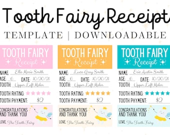 Peut inclure: Un modèle téléchargeable de reçu de la Fée des dents, disponible en rose, orange et turquoise. Chaque reçu comprend des champs pour le nom, l'âge, la date, le type de dent, l'évaluation de la dent et le montant du paiement.