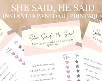 Peut inclure: Cartes de jeu imprimables "She Said, He Said" avec un thème rose et crème. Les cartes présentent du texte et des graphiques, notamment des cœurs et des étoiles, avec les mots "She Said, He Said" en évidence.