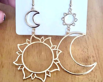 Celestial Sun and Crescent Moon Earrings, Choose Color, Large Celestial Earrings, Bday Gift, Concert Festival, Easter Gift, Mothers Day Gift