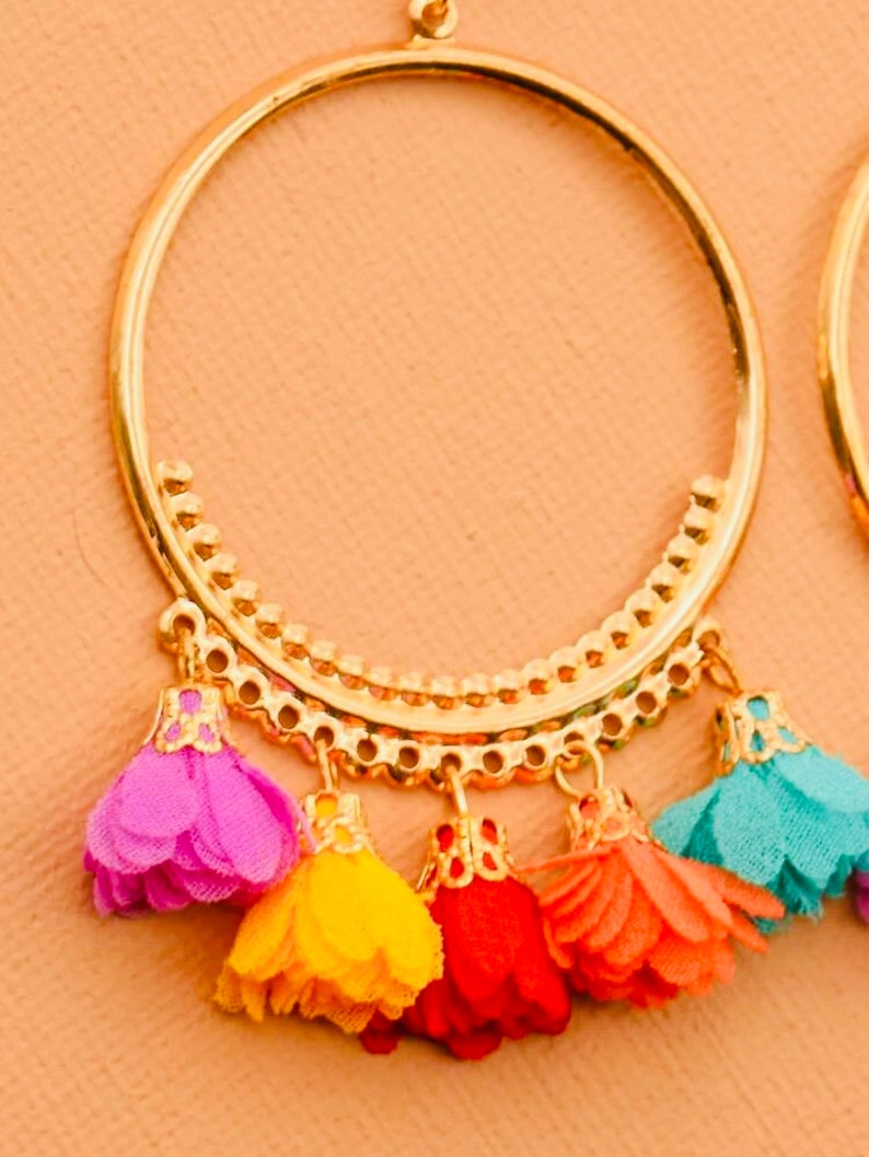 Fun Gift Spring Break Earrings Birthday Earrings Quirky Earrings Flower Tassel Hoop Earrings Vacation Earrings Partner Gift