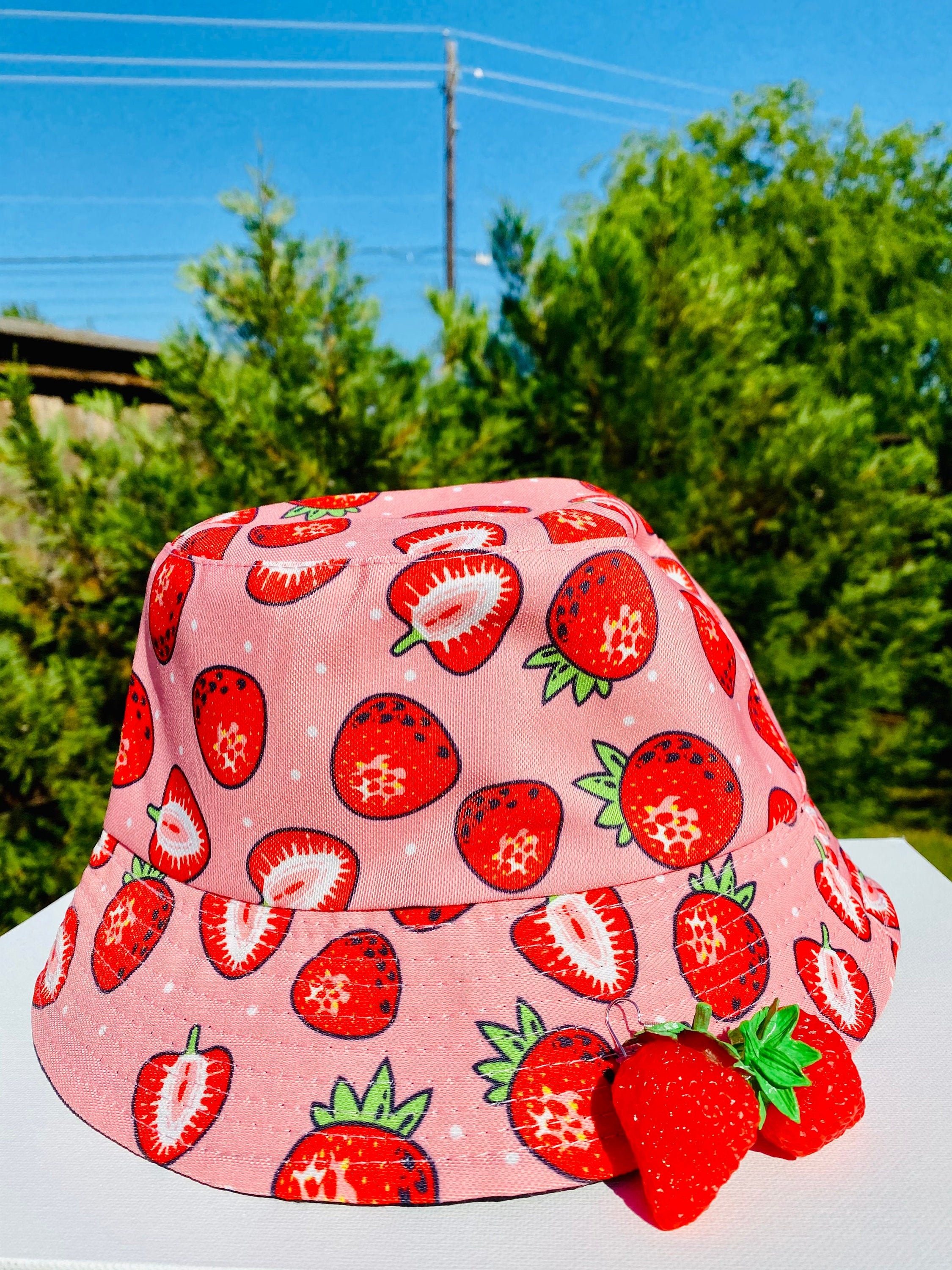 Strawberry Bucket Hat and Strawberry Earrings Gift Set, Fun Gift, Har…