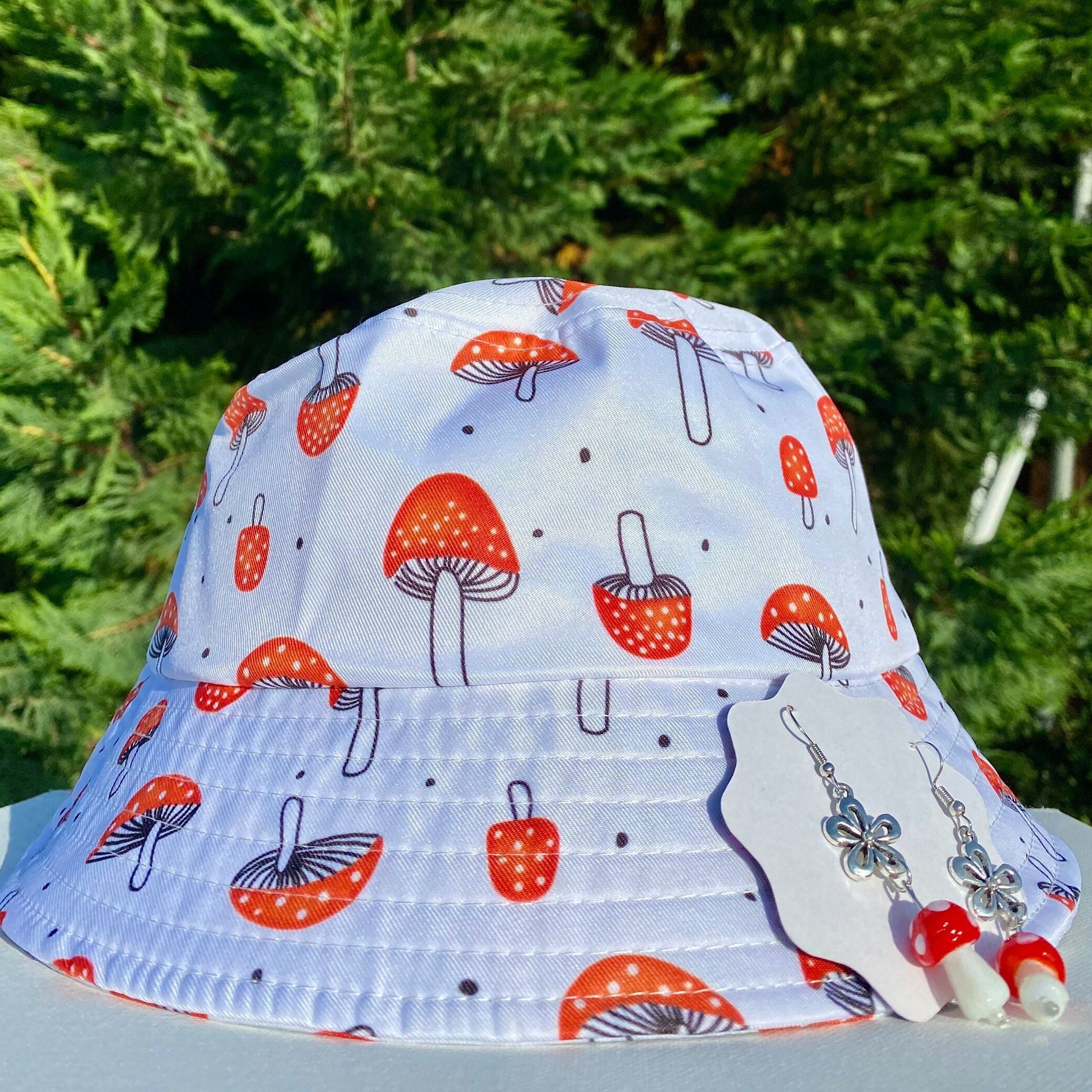 Mushroom Bucket Hat and Mushroom Earrings Gift Set, Black or White, T…