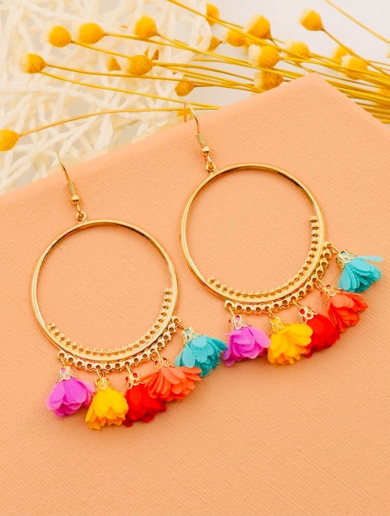 Fun Gift Spring Break Earrings Birthday Earrings Quirky Earrings Flower Tassel Hoop Earrings Vacation Earrings Partner Gift