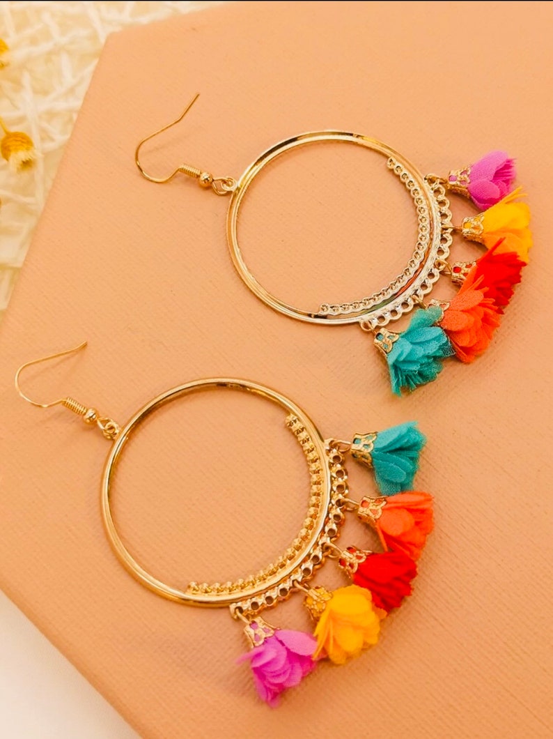 Fun Gift Spring Break Earrings Birthday Earrings Quirky Earrings Flower Tassel Hoop Earrings Vacation Earrings Partner Gift