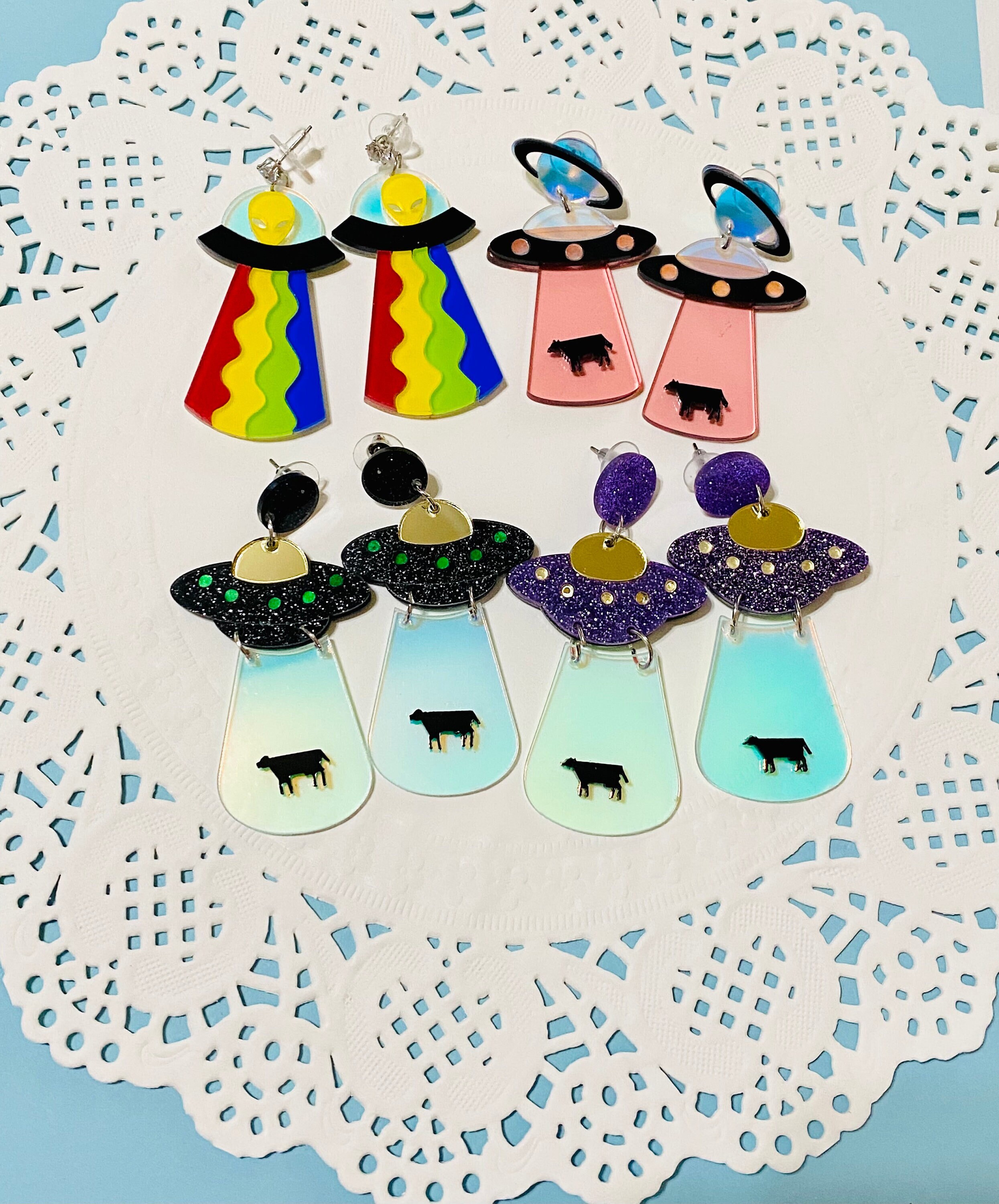 UFO Earrings, UFO Beaming up a Cow, Spaceship Earrings, Quirky Earrin…