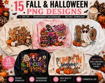 Paquete de imágenes PNG de otoño y Halloween / Diseños PNG lindos y espeluznantes / Calabaza, fantasma, esqueleto PNG de otoño / Diseños para sublimación de camisetas / Descarga instantánea
