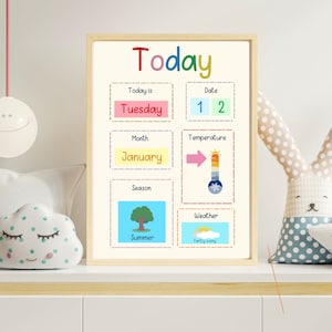 Ochtendbord | Cirkeltijd | Grafiek van vandaag | Kinderkalender | Weerkaart | Montessori | Thuisonderwijs | Educatief hulpmiddel | Digitale d