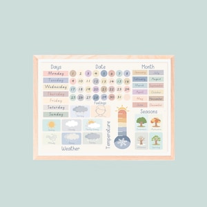 Op de afbeelding: Een kleurrijk houten bord met een kalender, dagen van de week, maanden van het jaar, weerpictogrammen en seizoenen. Het bord bevat ook een thermometer met een sneeuwvlok en een zonpictogram.