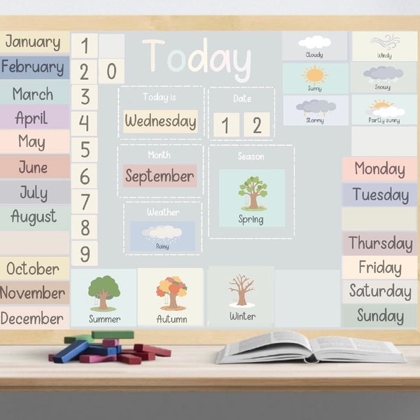 Tablero de la mañana / Hora del círculo / Gráfico de hoy / Calendario infantil / Gráfico meteorológico / Montessori / Educación en casa / Educativo / opción de idioma