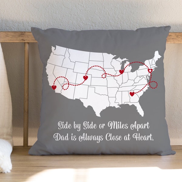 Personalized Map Location Pillow Gift, Custom States Gift for Dad Mom Grandma Grandpa, Connected Hearts Dotted Line Throw Pillow Gift