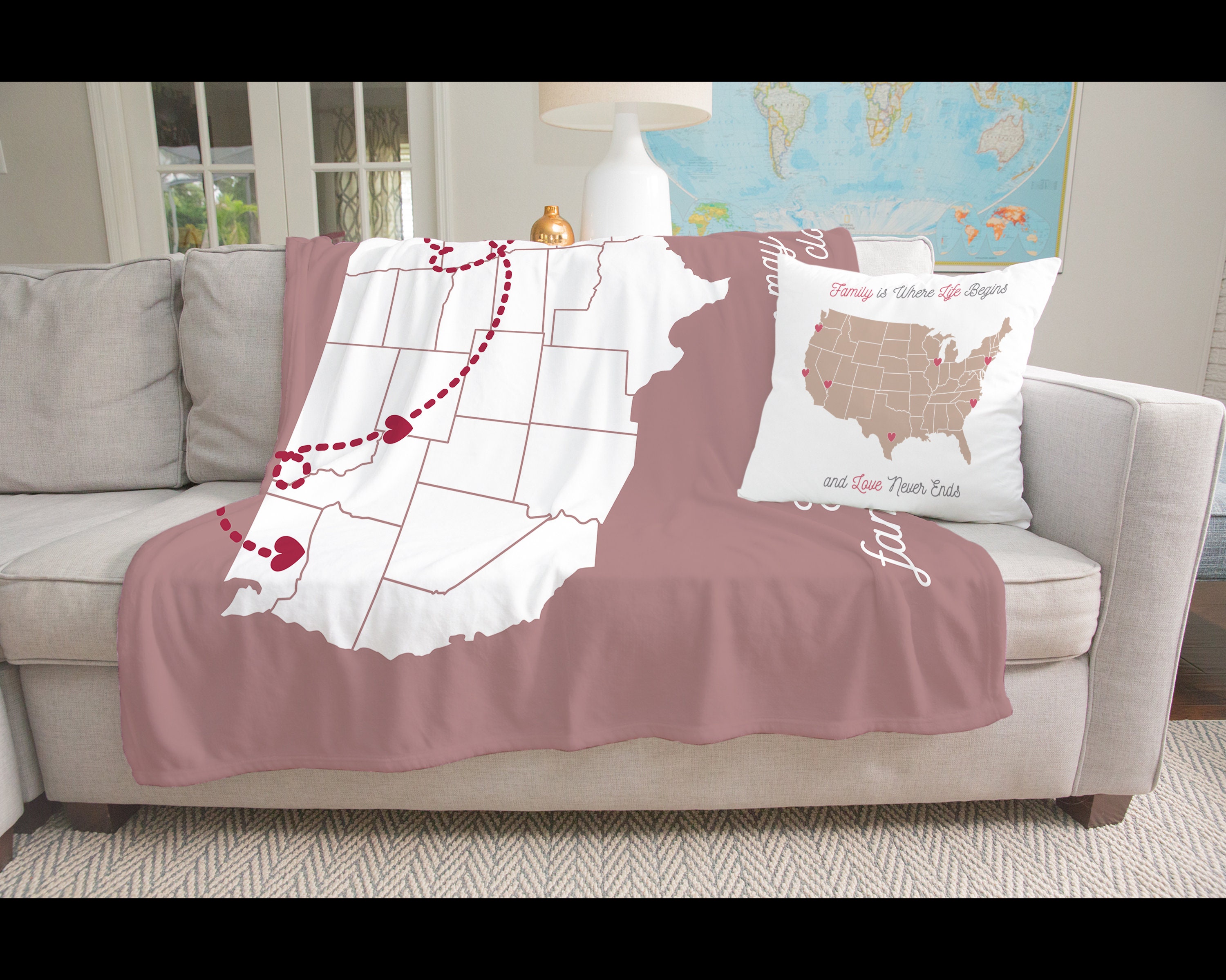 Long Distance Family Throw Blanket USA Map With Hearts Etsy