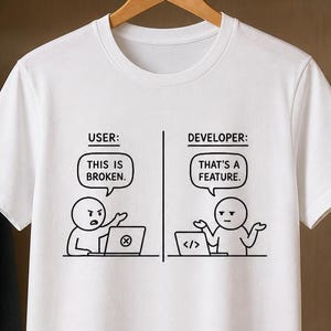 Puede incluir: Camiseta blanca con un gráfico humorístico. El diseño presenta dos figuras de palo que representan a un usuario y a un desarrollador, cada uno con un bocadillo. El usuario dice: "THIS IS BROKEN." El desarrollador responde: "THAT'S A FEATURE."