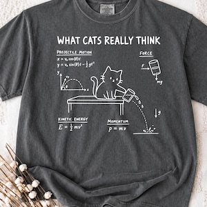 Puede incluir: Una camiseta gris carbón con un gráfico blanco de un gato empujando un vaso desde una mesa. El diseño incluye el texto "WHAT CATS REALLY THINK" y ecuaciones físicas de movimiento de proyectiles, fuerza, energía cinética y momento lineal.