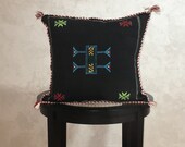 Moroccan Black Sabra Pillow Cover, Embroidered Silk Cushion, Berber Pillow Case, Decorative Tassel Throw Pillows - Moroccan Interior