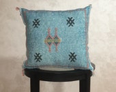 Moroccan Sky Blue Sabra Pillow Cover, Embroidered Silk Cushion, Berber Pillow Case, Decorative Tassel Throw Pillows - Moroccan Interior
