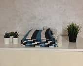 Moroccan Pompom Blanket Bed Throw, Blackand Blue Stripes 7 39 8 x 11 39 8