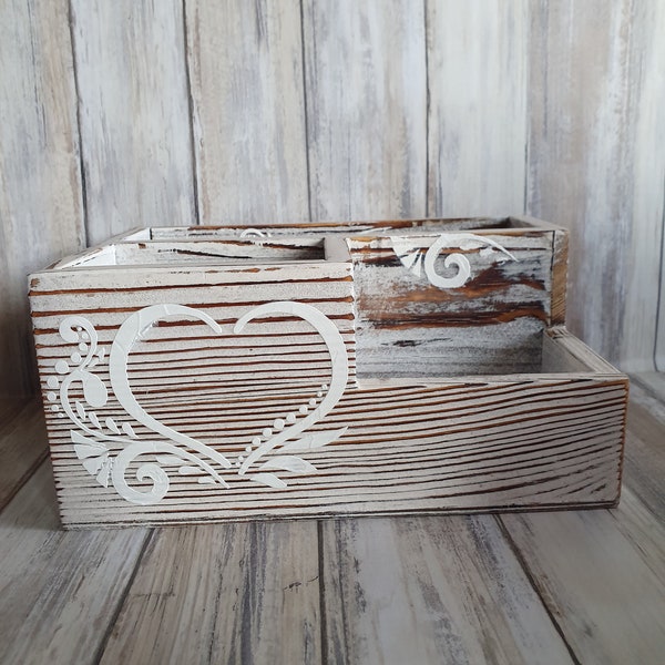 Handmade rustic wood desk tidy, pencil holder, decorative stationary wooden organizer home and office, heart design