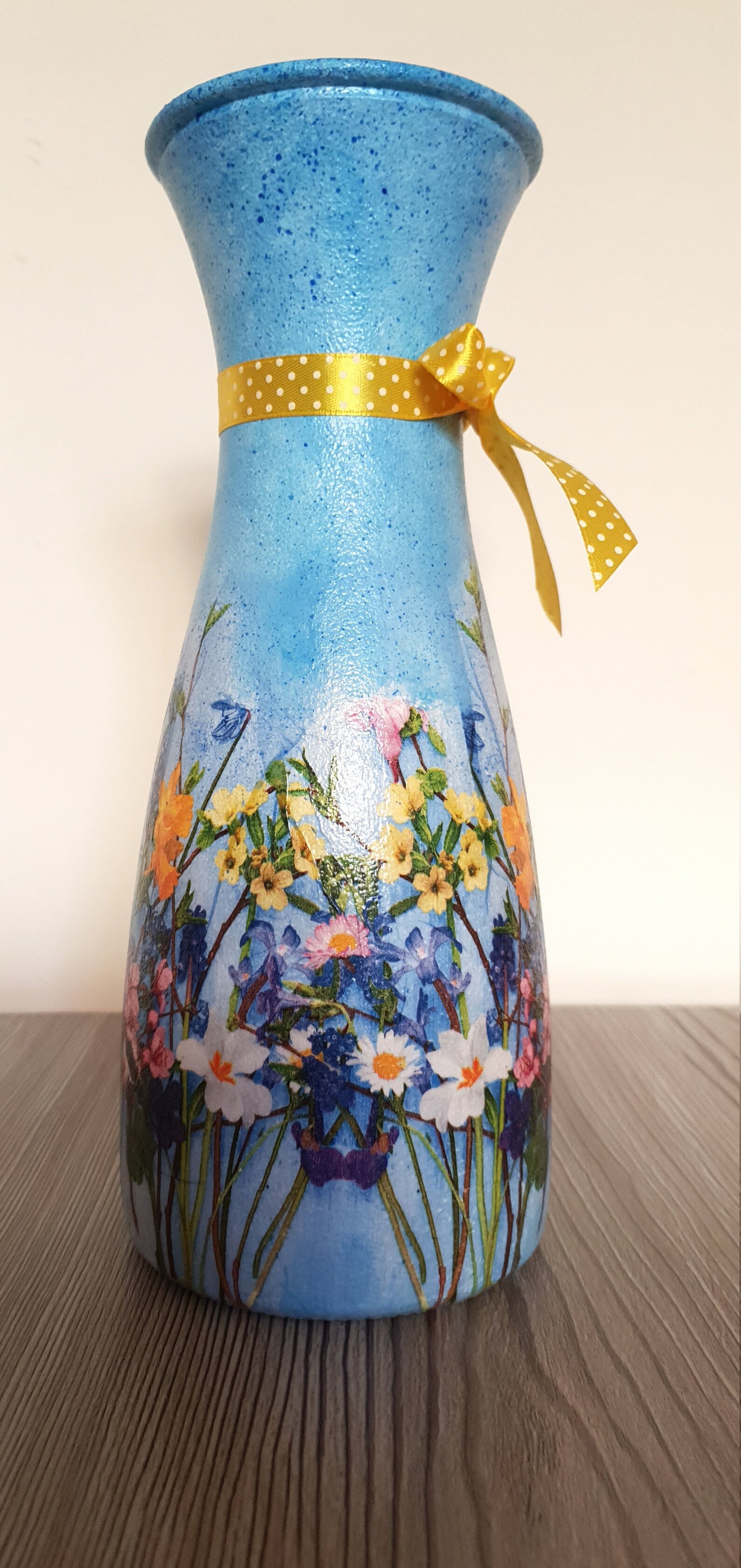 Tall Flower Vase With Spring Meadow, Wild Flowers, Blue Vase, Handmade