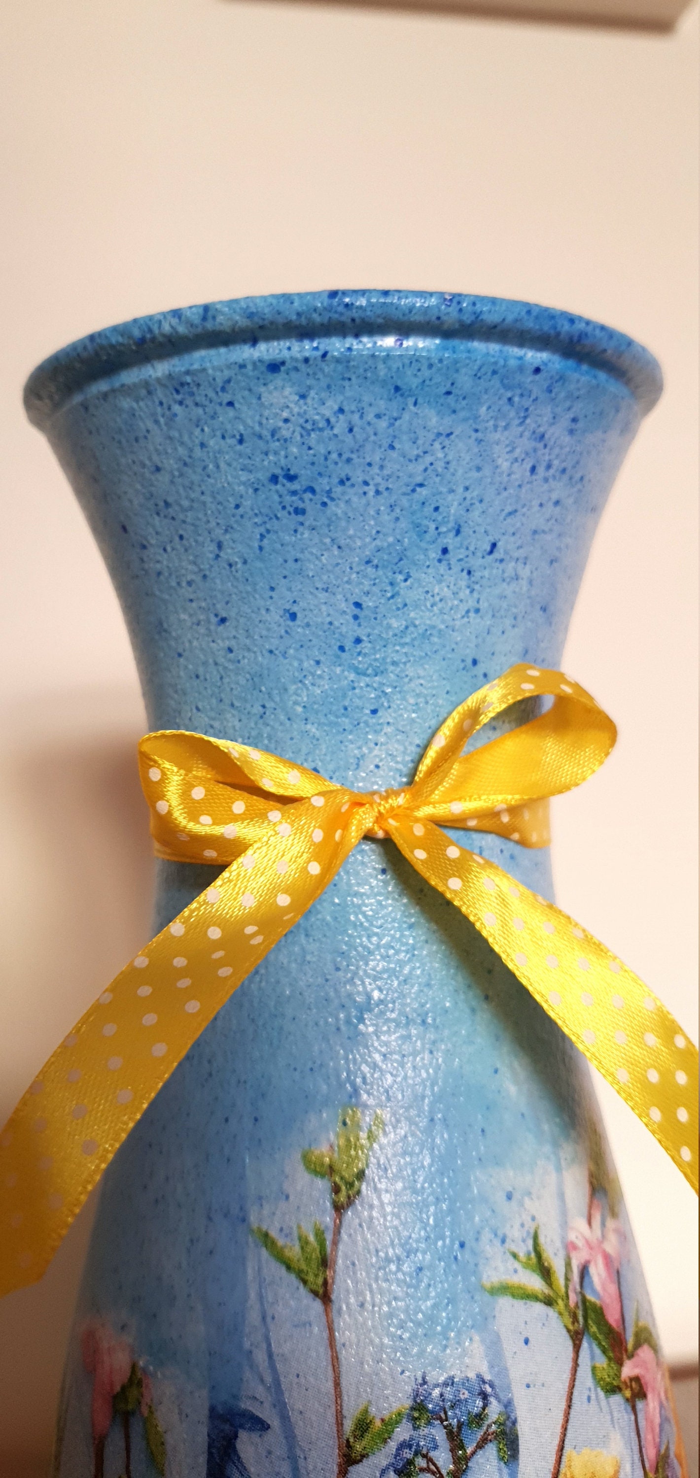 Tall Flower Vase With Spring Meadow, Wild Flowers, Blue Vase, Handmade
