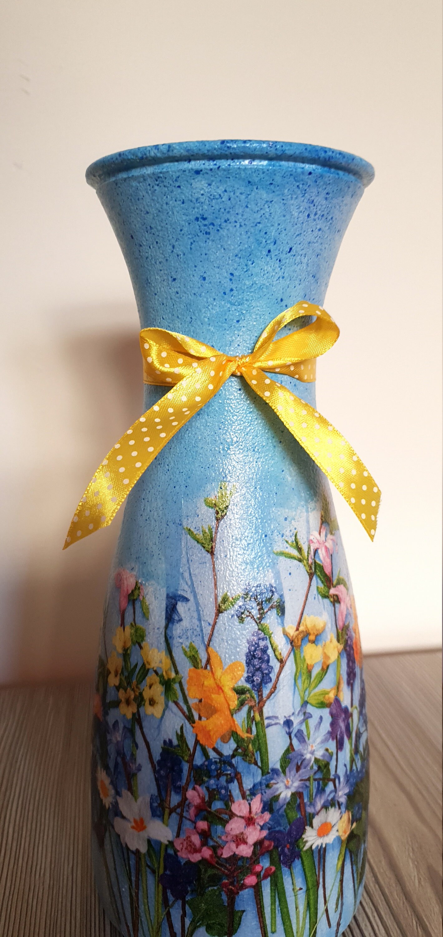 Tall Flower Vase With Spring Meadow, Wild Flowers, Blue Vase, Handmade
