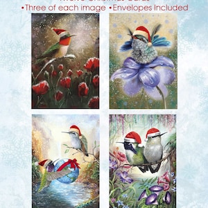 Ensemble classique de colibris, cartes de Noël, coffret de 12 cartes, voeux, vacances, père Noël, cartes